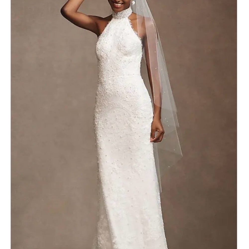 Anthropologie White Beaded Halter Wedding Gown